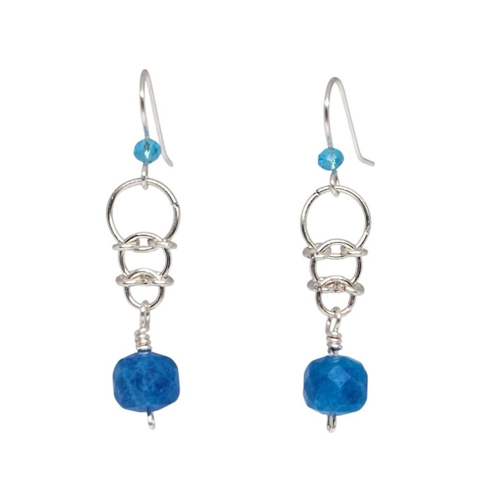 Handmade Blue Dolomite Jasper Gemstone Silver Hoop Dangle Boho Earrings
